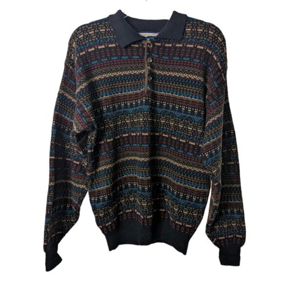 Vintage 80s Shenandoah Dad Sweater Cotton Knit Polo Collar Patterned Pullover M - Picture 1 of 9